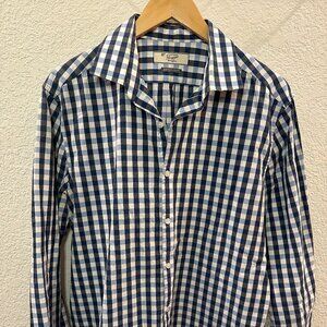 Mens Penguin blue and white checkered gingham long sleeve button up